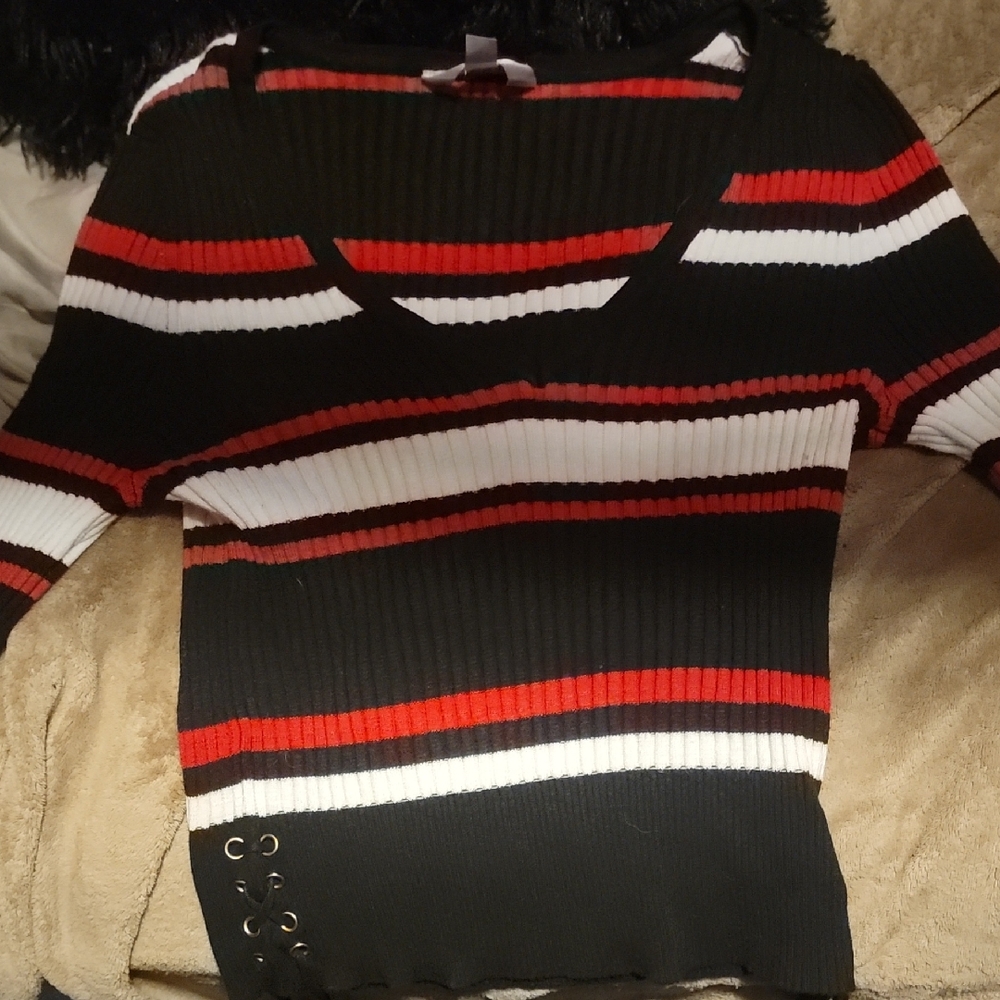 No Boundaries Striped V-Neck Sweater in Black, Red, and White